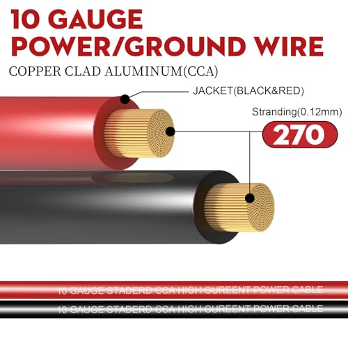Taigoehua 100FT 10 Gauge Wire (50ft Each- Black/Red) 4 40A Fuse Holder/20 Lugs/ 3:1 Heat Shrink Tube-Copper Clad Aluminum CAA-Primary Automotive Wire,Car Amplifier Power & Ground Cable
