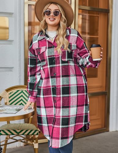 Zeagoo Womens Plus Size Flannel Plaid Button Down Shirts Long Sleeve Lounge Lapel Tartan Shacket Jacket Long Coats 20243