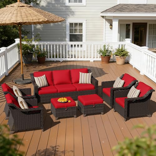 Image of 7 Piece Patio Furniture Set, Wicker Outdoor Conversation Set | Patio Chair Set with Olefin Removable Cushion, All-Weather Outdoor Couch with Deep Seat for Porch, Deck and Backyard, Red