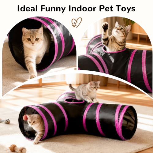 Image of Tempcore Cat Tunnel, 3-Way Collapsible Toy, Large Size Black & Rose Red | Large Size 3-Way Cat Tunnel Provides More Room for Cats to Run, Hide and Chase, with Peek Holes, Hanging Ball and Teaser Wand