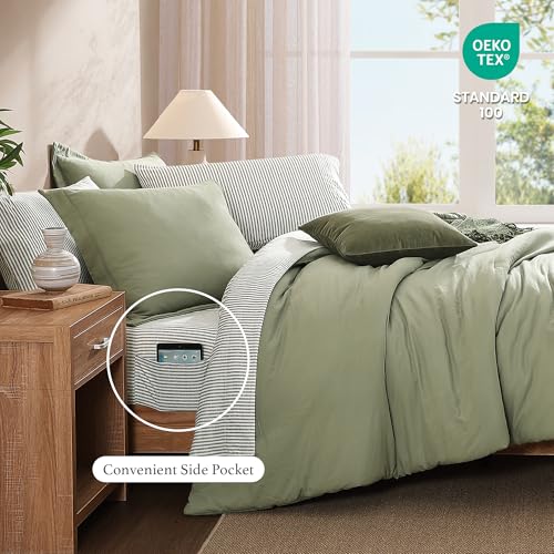 Monbix King Size Comforter Set - 7 Pieces Olive Green Prewashed Bed in a Bag King Bedding Sets with Comforters, All Seasons Ultra Soft Comforter Bed Set with Sheets,Pillowcases & Shams