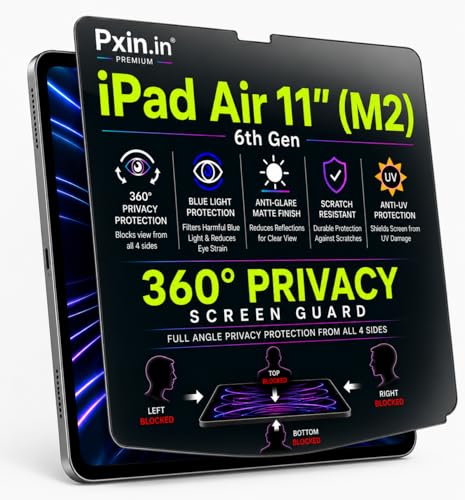 Image of Pxin 360 Pro Privacy Screen guard compatible with iPad Air 11 inch (M2) | Anti Glare | Anti UV | Anti Blue | Anti Reflection | Privacy Filter | Unbreakable Build