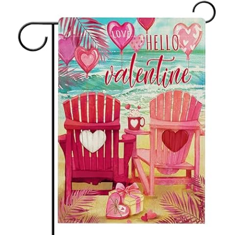 Hzppyz Hello Valentine's Day Sea Chair Garden Flag Double Sided, Pink Love Heart Palm Leaves Beach Coastal Decorative Yard Outdoor Home Small Decor, Anniversary Wedding Outside House Decoration 12x18 Cover