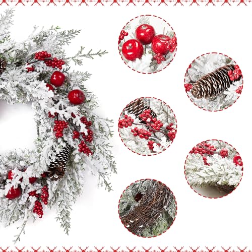 GAOMON 18 Inch Artificial Christmas Wreaths for Front Door, Snow Flocked Christmas Wreath with Red Berry, Little Red Apples and Pine Cones for Xmas Hanging Decorations Indoor Outside Decor