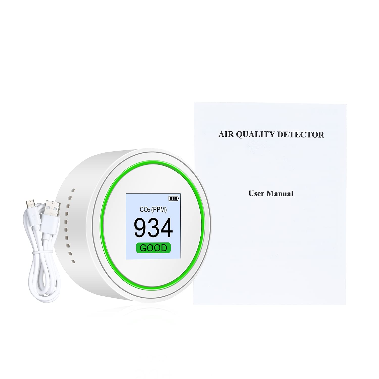 BAtlam Probador y CO2 Detector de Calidad del Aire Tamaño de la Palma de la Mano Probador de Calidad del Aire Monitor de Calidad del Aire de Alta precisión para CO2 y con recordatorio de luz y Sonido