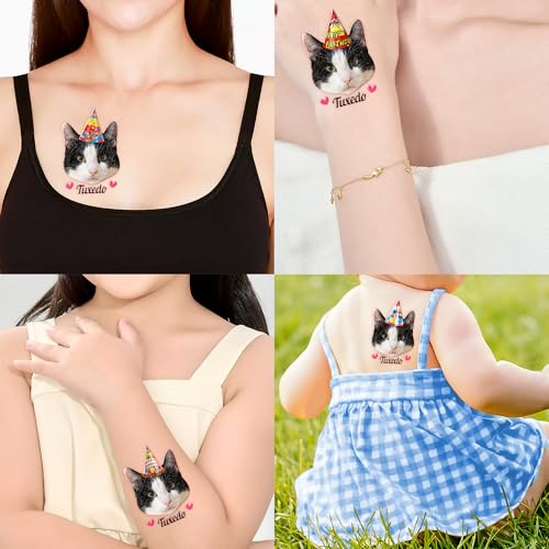 Image of Custom Cat Face Temporary Tattoos | Personalized Pre-Cut Photo, Birthday Hat and Cat Name or Text, Set of 20, Funny Party Favors, Cat Lovers