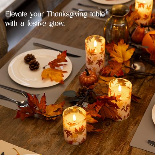 Image of Fall Flameless Candles with Remote, Autumn Maple Leaf Battery Candles | Set of 3 LED Glass Candles with Timer Battery Powered Pillar Candles Thanksgiving Decor Electric Fake Candles Mantel
