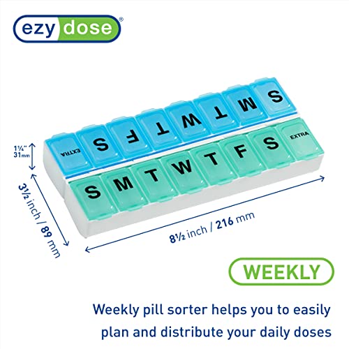 Image of EZY DOSE Weekly (14-Day) Pill Organizer, Vitamin and Medicine Box, Large Snap Compartments, Easy-To-Open, BPA Free, Blue and Green