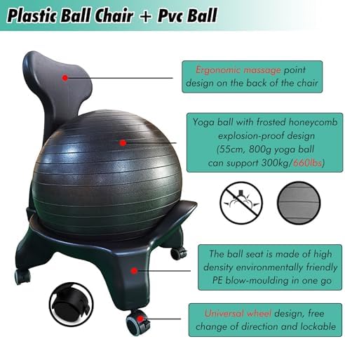 Inflatable Exercise Ball Chair Adult, Adjustable Height Balance Yoga Ergonomic Ball Chair for Office or Home, Fitness Ball Seat (Purple)