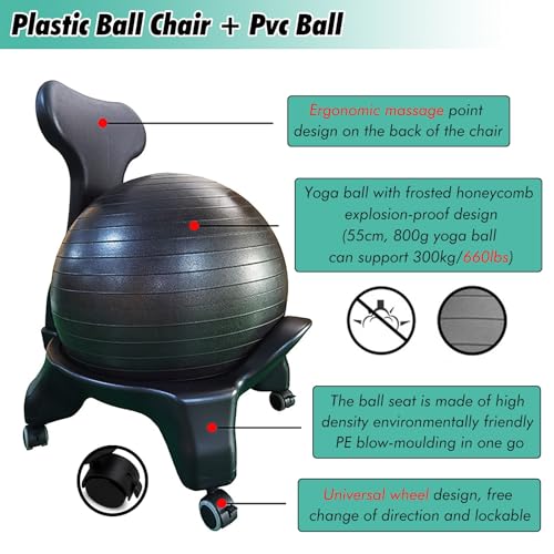 SRNSAEB PVC Office Ball Chair for Adult, Height 31in Gym Workout Ball with Roller Base for Home/Commercial, Birthing Ball Office Chair for Pain Relief/Exercise Core Muscles(Gray)