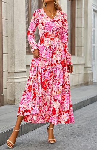 BTFBM Women Fall Dresses 2025 Casual Long Sleeve V Neck Maxi Dresses Floral Boho Long Dress Wedding Guest Dress