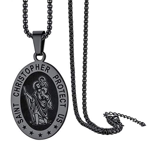 Black Saint Christopher Protection Necklace Mens St Christopher Medal Pendant with Strong Chain
