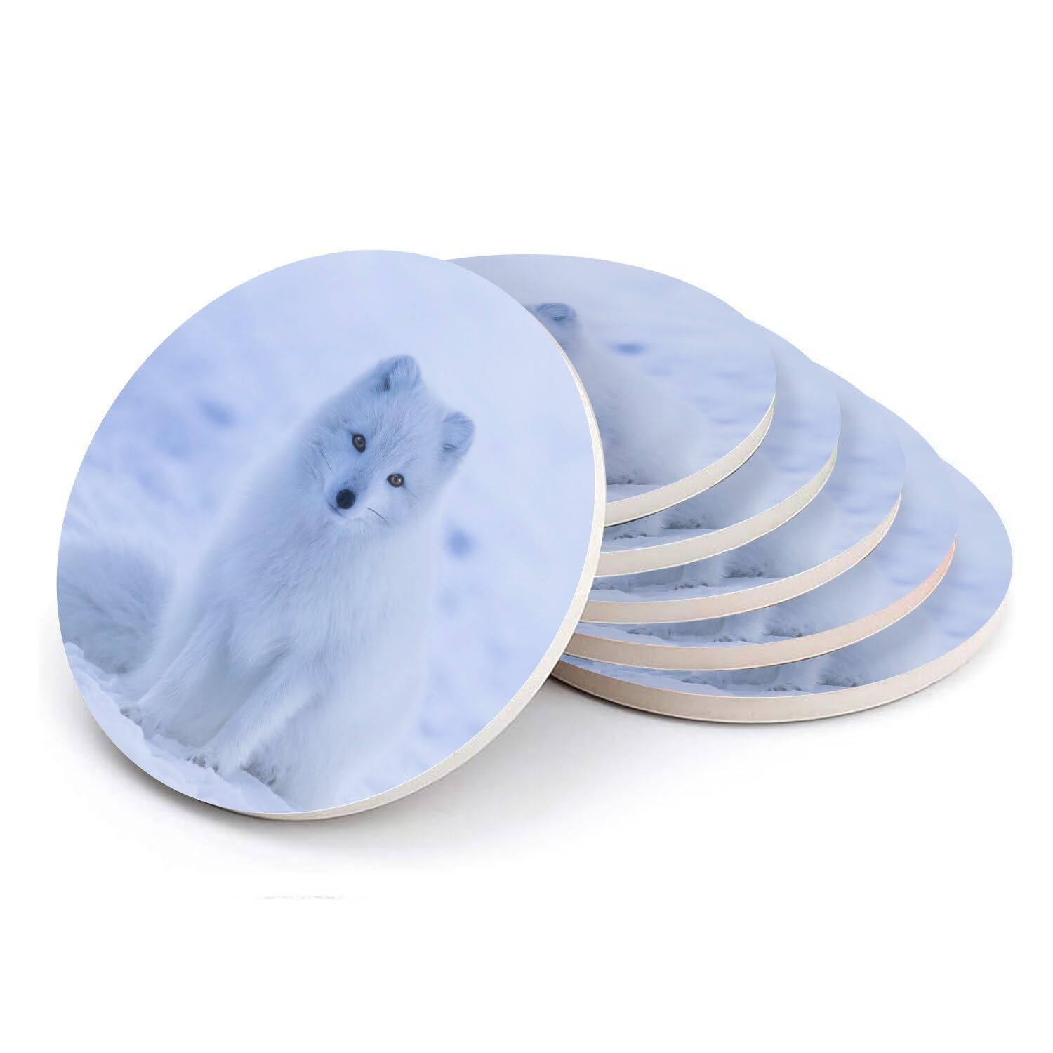 Sous-verre ronds céramique renard polaire lot de 6, cadeau idéal pour table chic