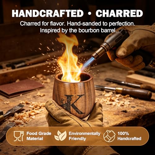 VEXOOX Charred Wooden Whiskey Glass, Personalized Letter Bourbon Drinking Glass for Enhanced Smoky Flavor, Handmade Old Fashioned Whiskey Cup Gifts for Men Dad Husband Unique (K) — view 4
