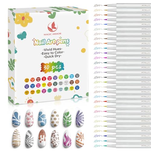 30 Metallic Colors Nail Art Pens Set, 3D Acrylic Paint Nail Polish Pens for Drawing &amp; Dotting, Quick-Drying Nail Markers with Fine Tip, Manicure Design Tools for DIY Nail Art at Home &amp; Salon