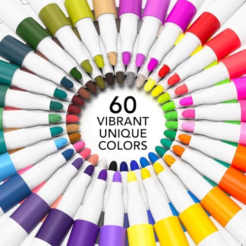 Image of BOLT BEE Acrylic Paint Markers with Brush Tips, Quick-Drying Waterproof Ink for Rock, Plastic, Wood, Canvas, Glass, Ceramic, Metal Art Crafts Projects (60 Color Acrylic Marker)