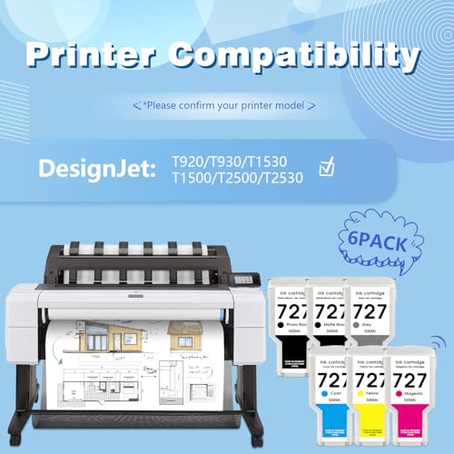 Image of 727 Ink Cartridges 300ML (6-Pack) High Yield Compatible for HP Ink 727 hp 727XL Ink Work with DesignJet T930 T2530 T1530 T2500 T920 T1500 Printer (Photo Black /Matte Black /Gray /Cyan /Magenta /Yellow)