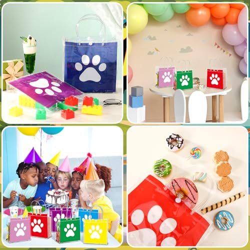 Image of Teenyyou 24 Pcs Dog Paw Clear PVC Gift Bags with Handle Puppy Party Favor Reusable Plastic Wrap Tote Goodie Candy Treat Gift Bags Transparent for Puppy Pet Theme Birthday Party Supplies