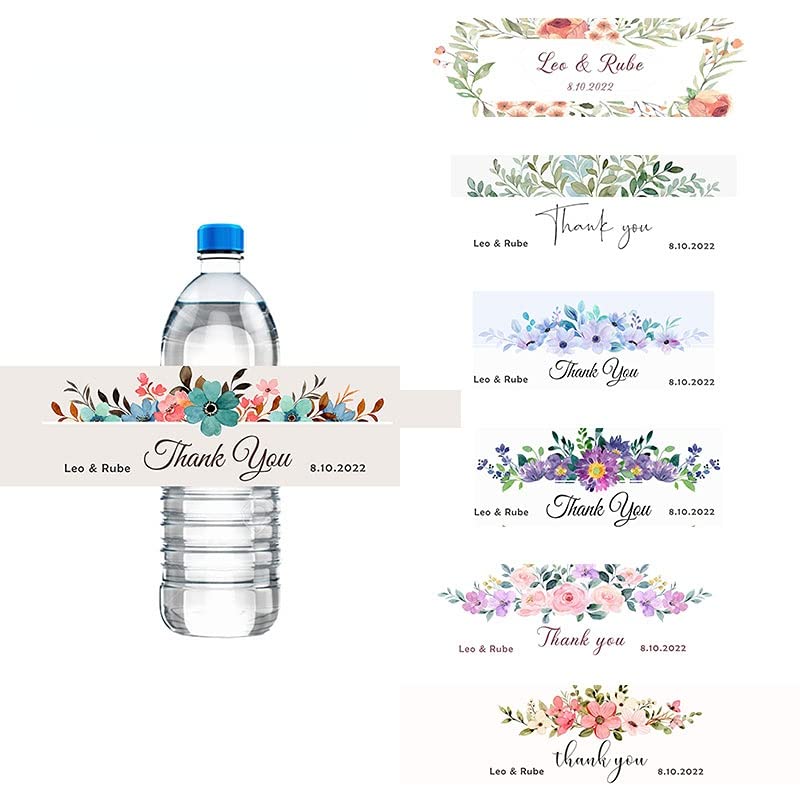 30pcs Customize Thank You Wedding Label with Floral Watercolor Water Bottle Labels Print Your Name Date Bridal Party Decor (G)