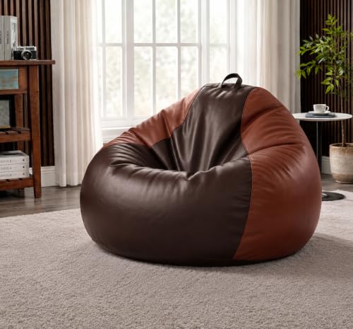 Image of Sattva Classic 3XL Bean Bag Chair with Beans Filled | Faux Leather Sofa Style Beanbags for Living Room | Pre-Filled Bin Bag Sofa for Adults & Kids | Beam Bag Seating for Home & Office - Brown & Tan