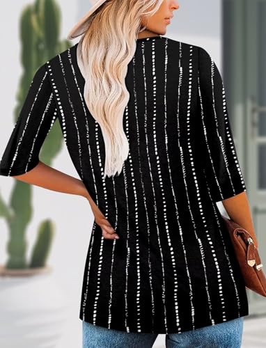 KISSMODA Tunic Tops for Women Loose Fit Dressy Round Neck Pleated 3/4 Length Sleeve Spring Tops