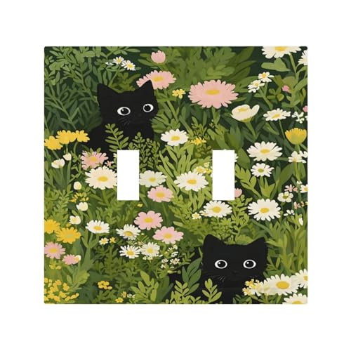 Decorative Switch Covers Plate Funny Cute Black Cat Colorful Flower Green Plant 2 Gang Wall Plate Oversized Double Toggle Light Switch Plate Wall Cover Plate Faceplate for Home Decor