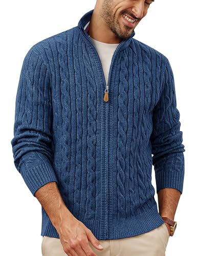 PJ PAUL JONES Chaqueta de punto para hombre con cremallera, cuello alto, cárdigan con diseño trenzado, añil, L