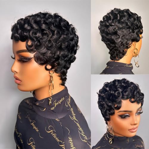 FREEKWEEN Short Curly Pixie Cut Wig for Black Women Human Hair 1B Color Finger Wave Style with Pin Curls Glueless Pixie Wig Short Layered Brazilian Virgin Human Hair Wigs for Daily Use