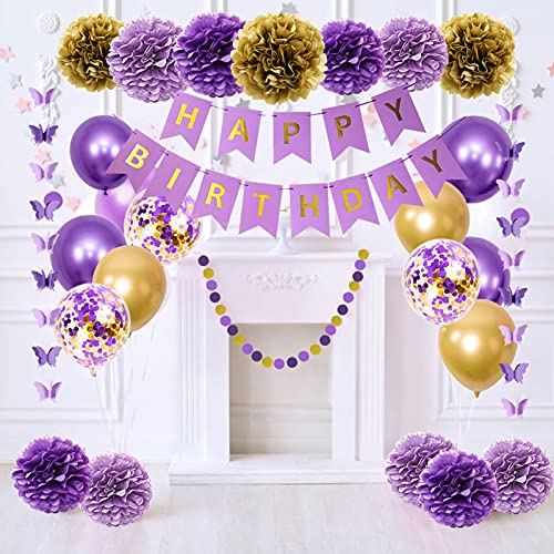 Ouddy Party Purple Birthday Decorations For Women Girls Butterfly Hanging Garland Happy Birthday And Circle Dots Banner Purple Gold Balloons Paper Flowers Cake Toppers For Birthday Party Supplies #TOP4