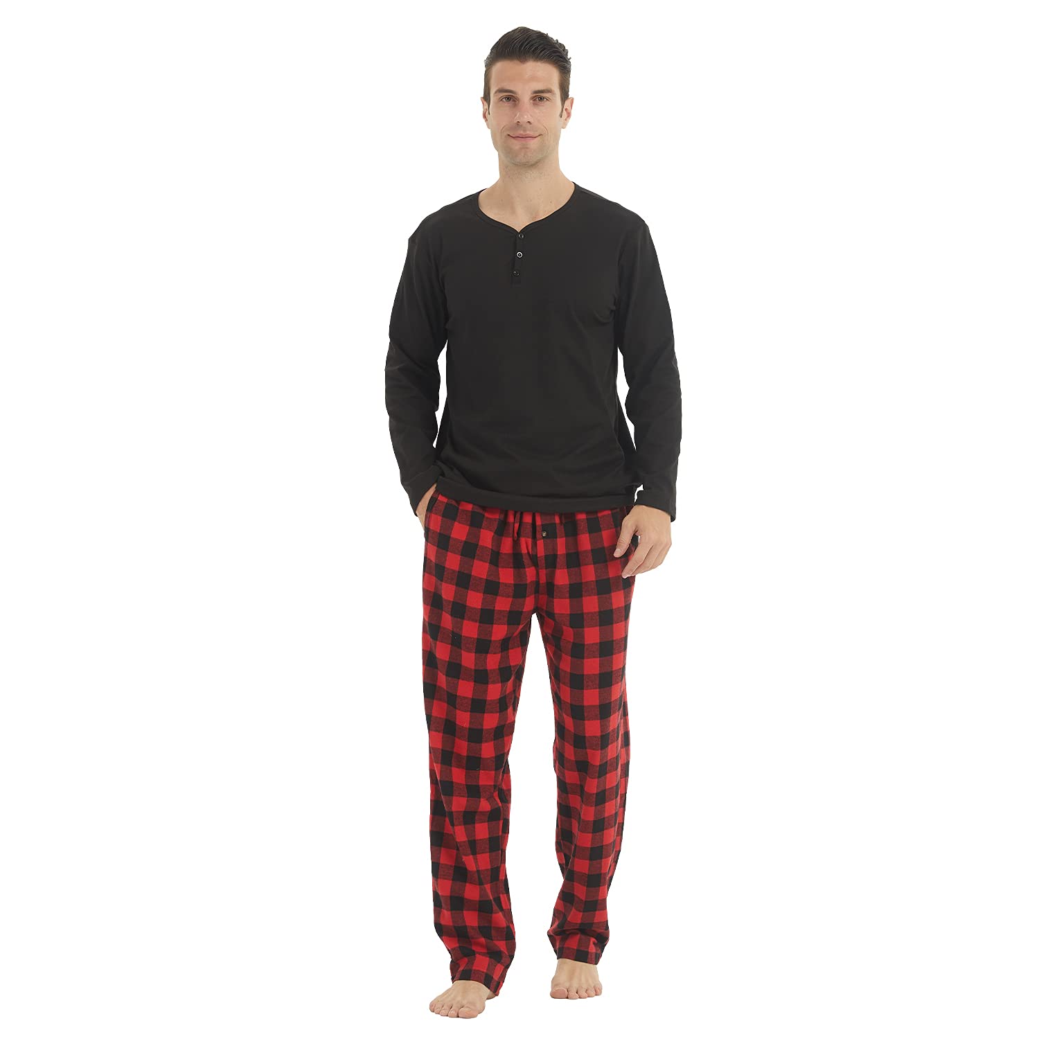 LANBAOSI Mens Lounge Wear Set Thermal Henley Shirts Long Sleeve Top & Flannel Plaid Pyjama...