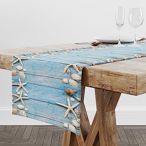 Image of Summer Beach Table Runner Dresser Scarves Beach Theme Cotton Linen Seashells Starfish Blue Rustic Wood Table Setting Decor for Wedding Party Holiday Dinner Home 13x120 inch