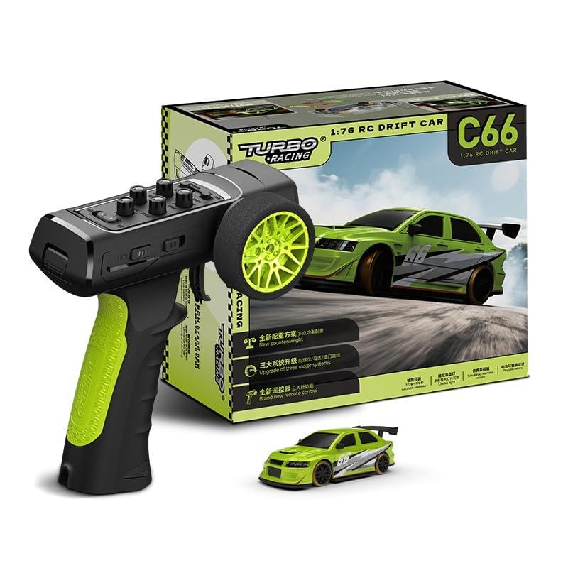 Image of Turbo Racing 1:76 Scale Drift RC Car, Mini Table Racing Model Car with 2.4G Remote Control & Gyro Full Proportional RTR for Adults Hobby Toys Gifts (C66-Green)
