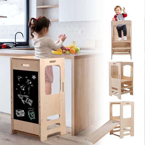 Image of Kitchen Step Stool for Toddler with Kids,Wooden Montessori Learning Stool,with Drawing Board and Educational Number Stickers & Slide,Help Children Stand Tower and Improving Enlightenment Education
