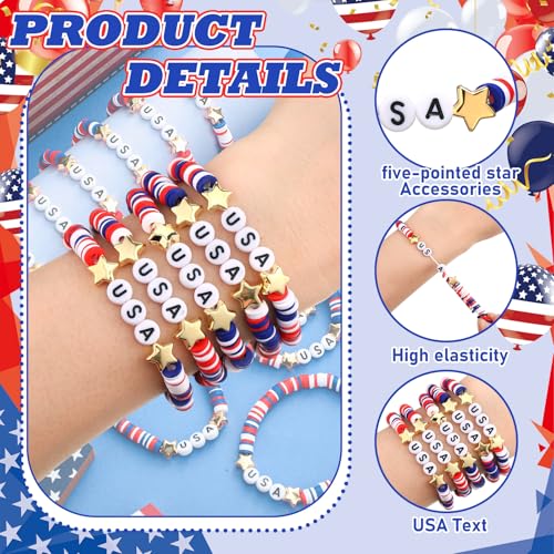 USA Bracelets Bulk 4th of July Accessories Red White and Blue Polymer Clay Beaded Stretch Bracelets for Women USA Jewelry Independence Day 4th of July Patriotic Party Favors Gifts3