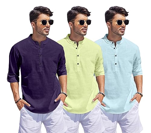 Image of Combo of Men Solid Cotton Blend Straight Kurta Shirt Pack of 3