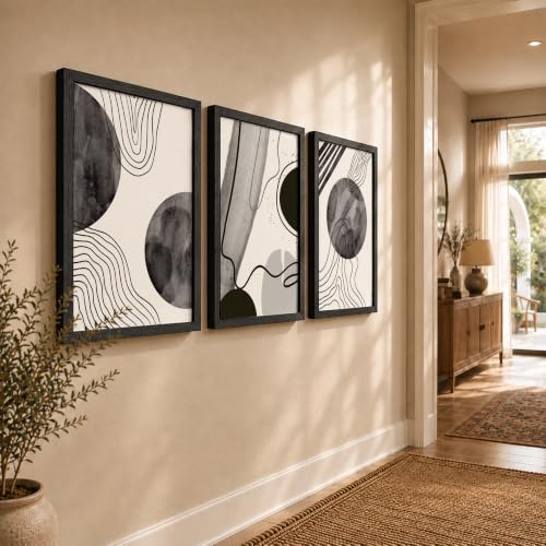Image of NoWorries Set of 3 Black & White Abstract Line Art Paintings | Framed Wall Decor for Home & Office - Modern Pattern Line Art Prints, (Art-18, 10x13inch)