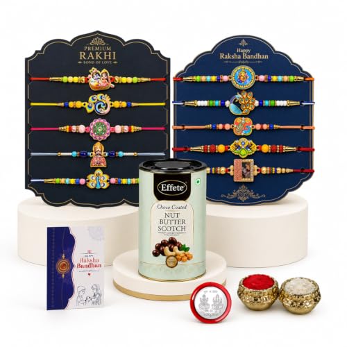 Image of DeoDap Rakhi with Chocolate for Brother - Stylish Multi Design Colorful Rakhi 10 Pcs with Butter Scoth Chocolate (96g) with Silver Color Pooja Coin, Greeting Card & Tilak Set - Traditional Raksha Bandhan Pack
