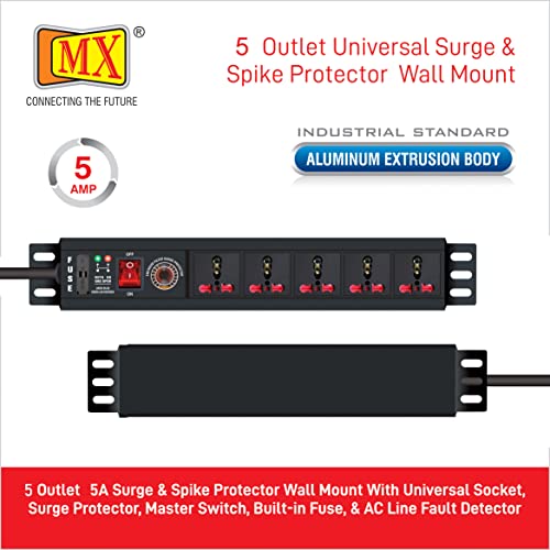 Image of MX Universal Socket Extension Board with Child Safety Shutter Power Strip Wall /Desk Mount Heavy Duty Alumminium Extrusion Body (5-outlet universal spike protector 1.5 MTR)