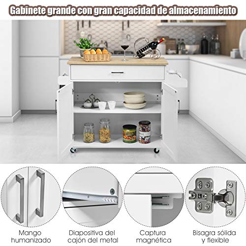COSTWAY Carrito de Cocina Carro de Servicio Comedor con Ruedas,Toallero,Cajón, Puerta y Estantes Gabinete Mueble de Cocina (Blanco) - imagen 2