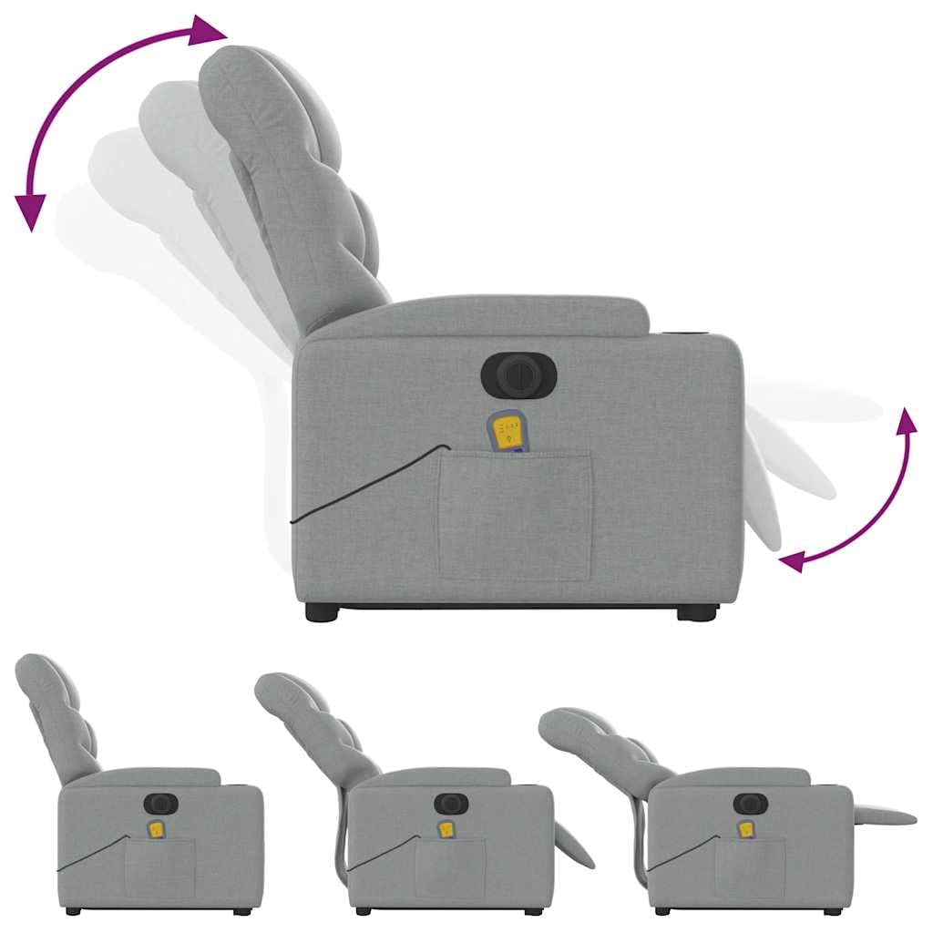 Sillón elevador eléctrico con masaje de 6 puntos y reclinación automática, gris claro de tela, función elevación y vibración, estructura estable de madera