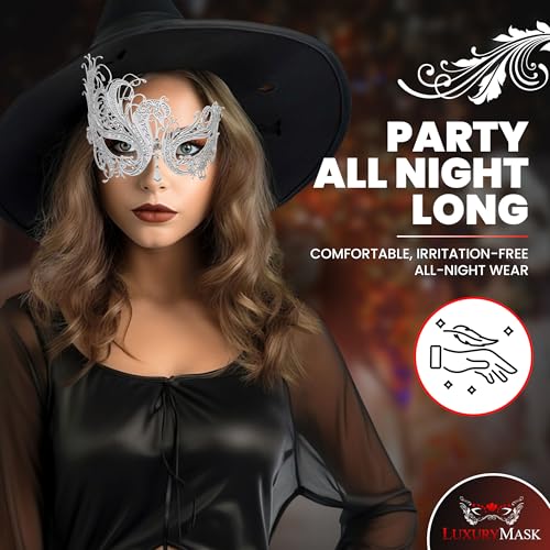 Image of Metal Filigree Masquerade Mask for Women - Swan Style Mask with Rhinestones for Mardi Gras, Prom, Halloween & Venetian Party