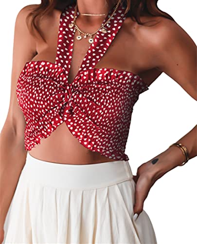 Ocean Plus Débardeurs Tricoté pour Femme avec Impression Numérique Soutien-Gorge Multifonctionnel avec Licou et Gilet à Volants avec Nœud Short Tops (L, Rouge)