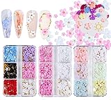 Flymind 3D Flower Nail Charms, 4 Boxes 3D Acrylic Flower Gems Nail Art Rhinestones Metal Caviar Bead