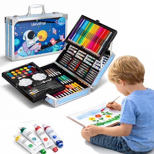 Image of WISHKEY 145 Pieces Art Set for Kids with Space Theme Storage Case, Art and Craft Supplies Kit for Drawing and Painting with Oil Pastel, Water Color, Color Pencils, Sketch Pen (Pack of 1, Blue)