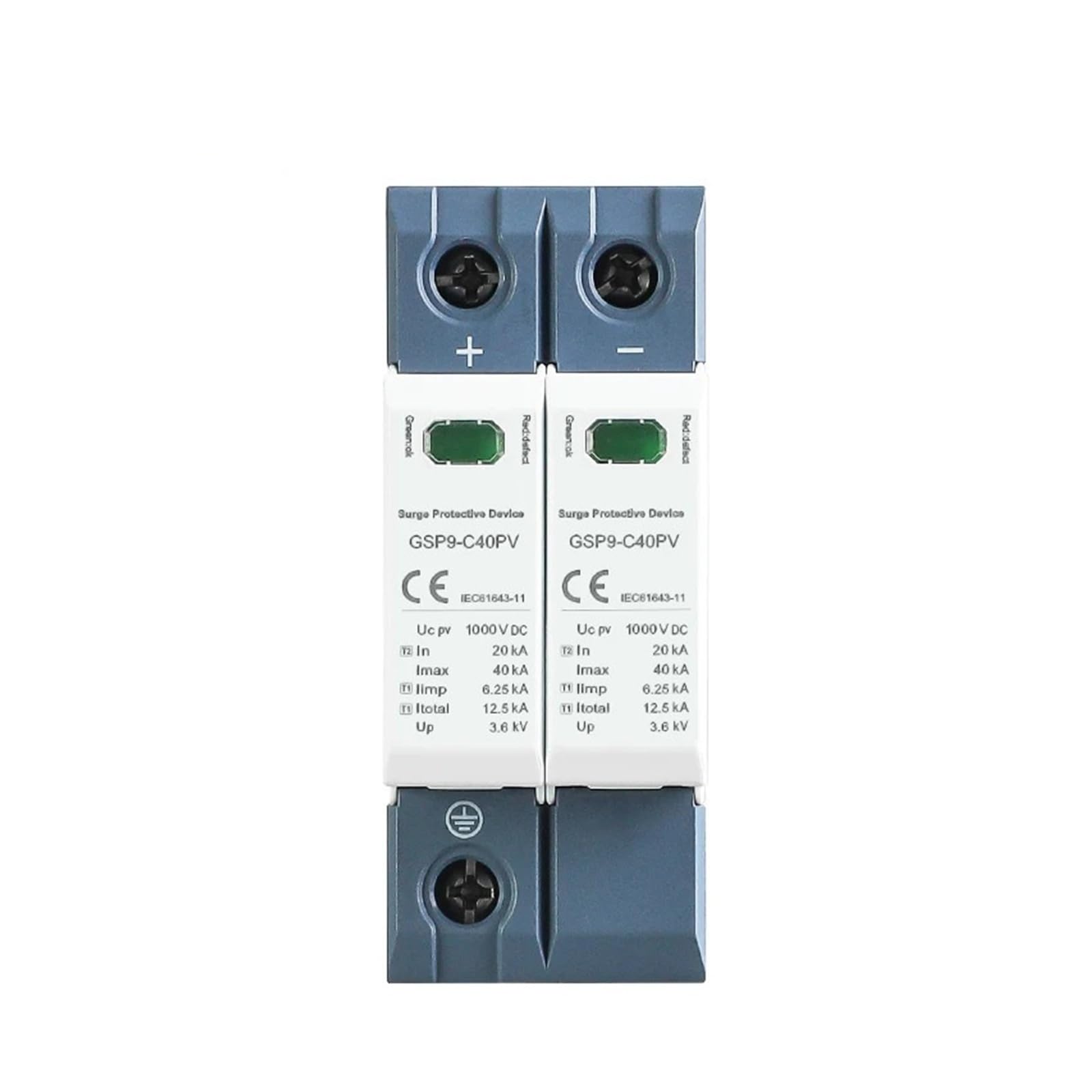 GSP9 Photovoltaic DC SPD 2P 600V 1000V 20KA~40KA Surge Protector Protective Device Lightning Protection Din Rail T1+T2(2P 600VDC)