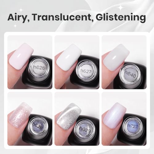 Image of Beetles White Gel Nail Polish Set, Milky White Silver Glitter Pearl Cat Eye | Neutral Nude Shades, Soak Off UV LED Winter Manicure Kit with Magnet, 7.5 ml Each