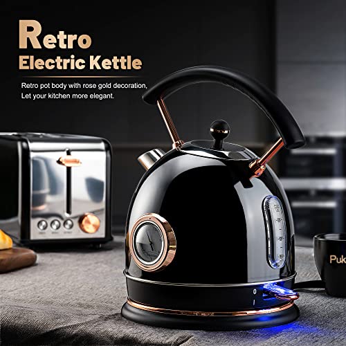 Pukomc Retro Electric Kettle 1.8L, Stainless Steel Portable Fast Boiling, Cordless With Led Light, Unique Appearance With Temperature Gauge, Auto Shut-Off&Boil-Dry Protection (Black) #TOP2