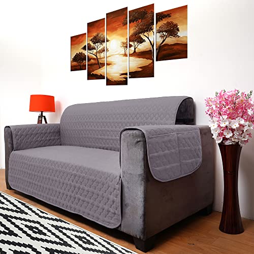 Image of Lithara 3 Layers Soft Quilted Reversible Sofa Cover 2 Seater with Pockets | Dust Protective Quilted Fabric Sofa Seat Cover Grey & Navy Blue