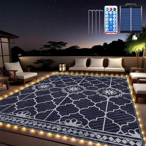 Lighted Outdoor Rug 8x10 ft Solar Powered Patio Rug with 113 LED Lights Waterproof Plastic Reversible Outdoor Straw Rugs Rugs Mat for House Deck RV Camping Patio Beach Balcony Picnic (Blue White)