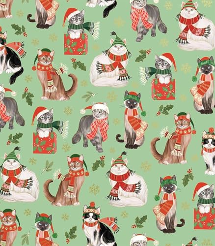 REVEL & Co Christmas Cats Folded Wrapping Paper with Cats in Hats, Scarves and Mittens, 2 Feet x 10 Feet Easy to Store Folded Wr